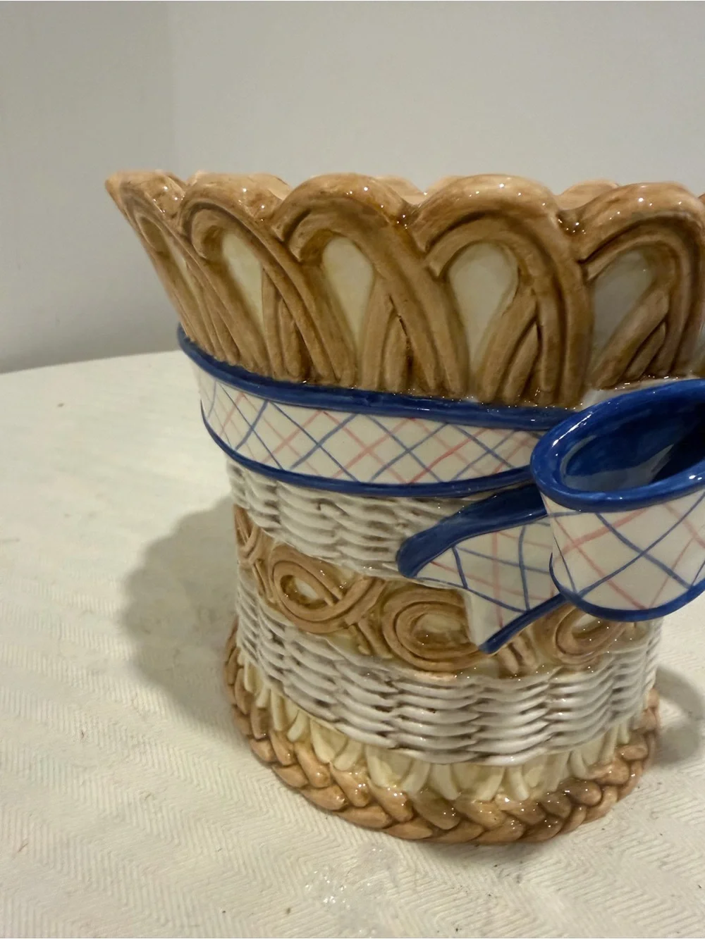Vintage Fitz & Floyd Ceramic Basket weave Planter with Blue Bow Accent